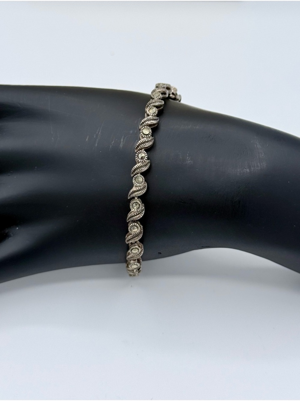 Vintage 925 Sterling Silver Marcasite S-Wave Scroll Link Bracelet‎ 7”